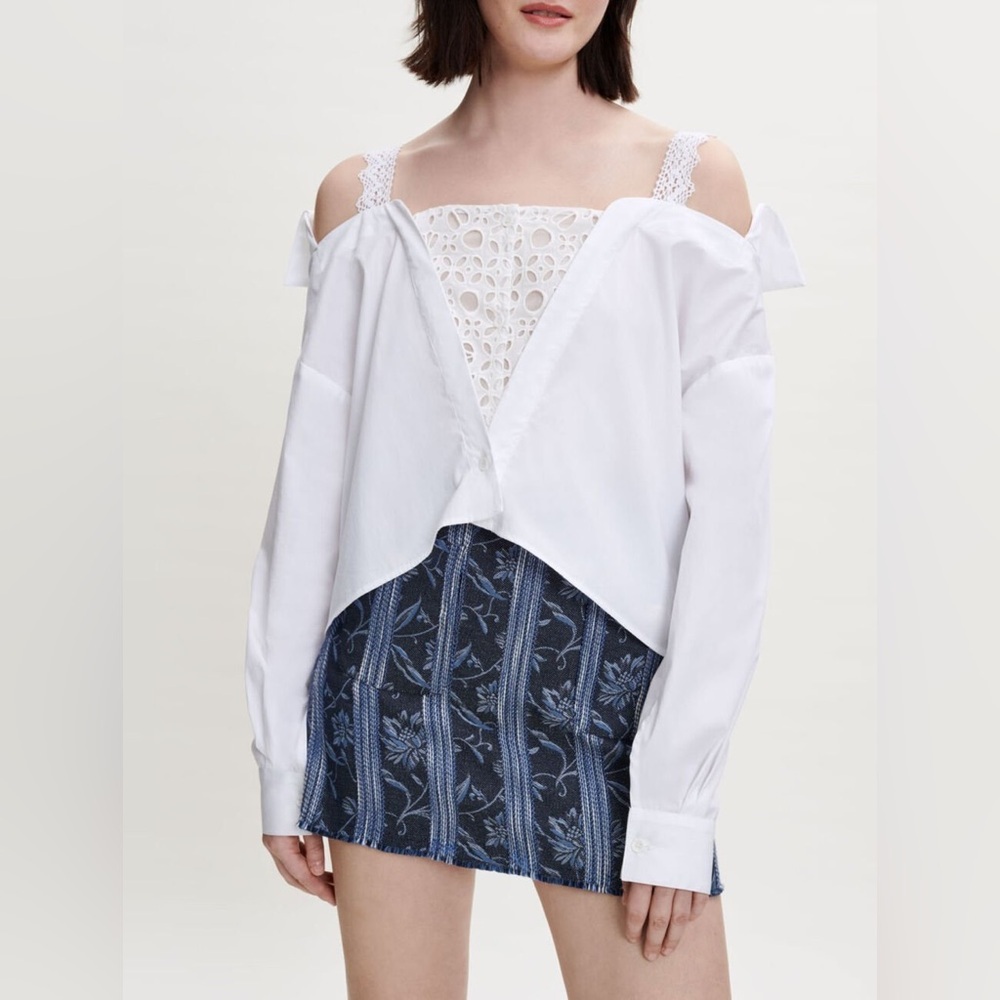 Maje Trompe l'oeil Off Shoulder Collar Long Sleeve Adjustable Lace Blouse Top